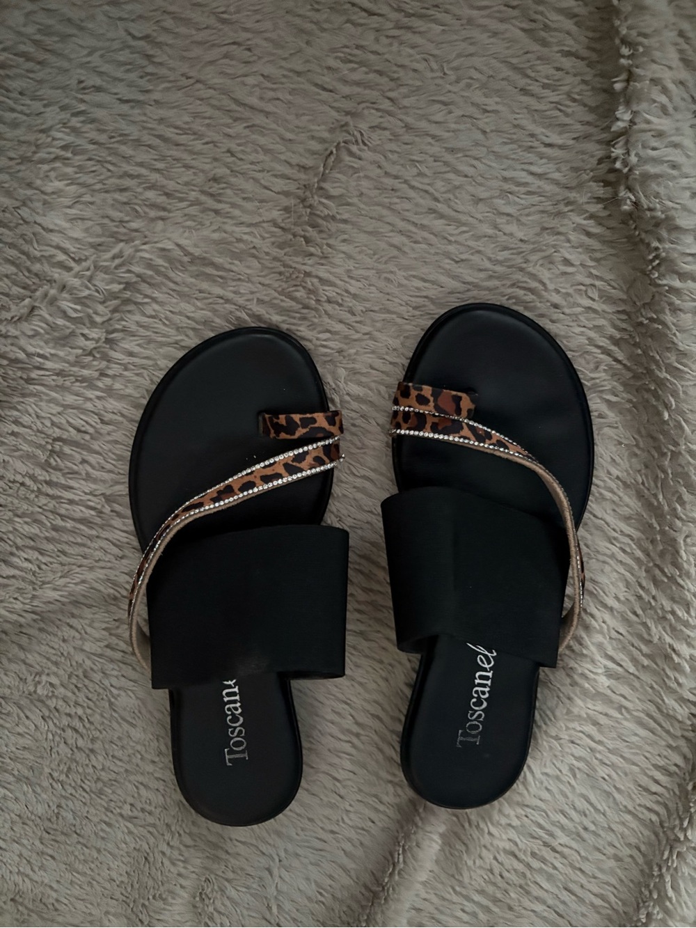 Toscanel Black Slide Sandals with Leopard & Metallic Straps
